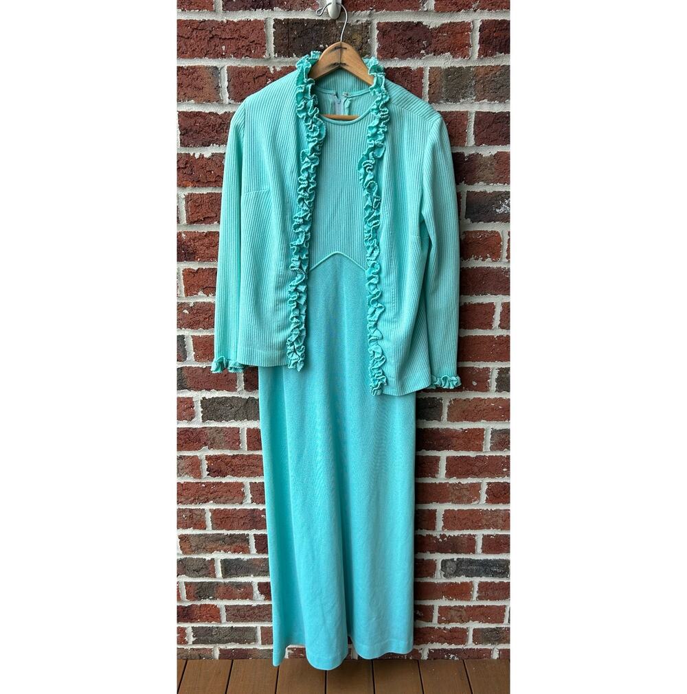 Vintage 1970s Dress Evening Jacket 2 Piece Teal Set Size M